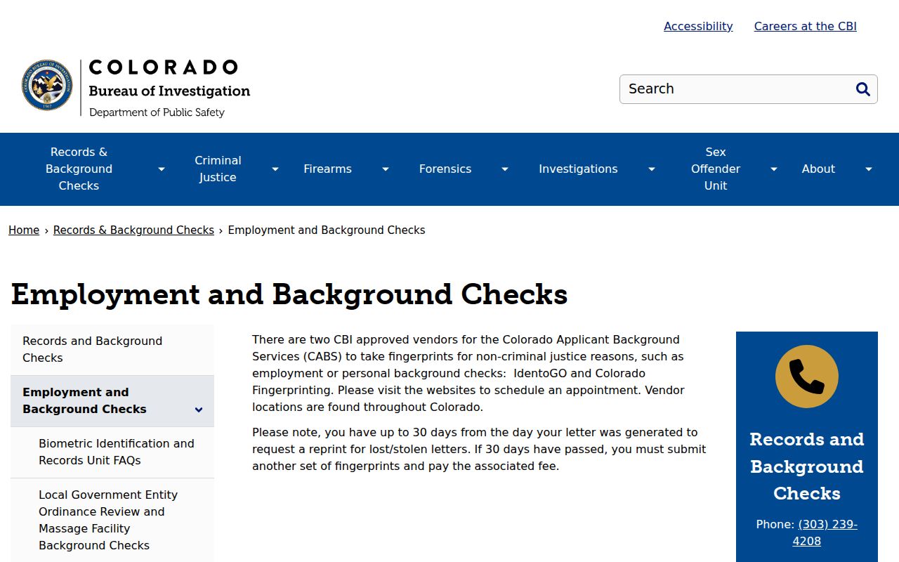 Colorado CBI page showing approved CABS fingerprint vendor links