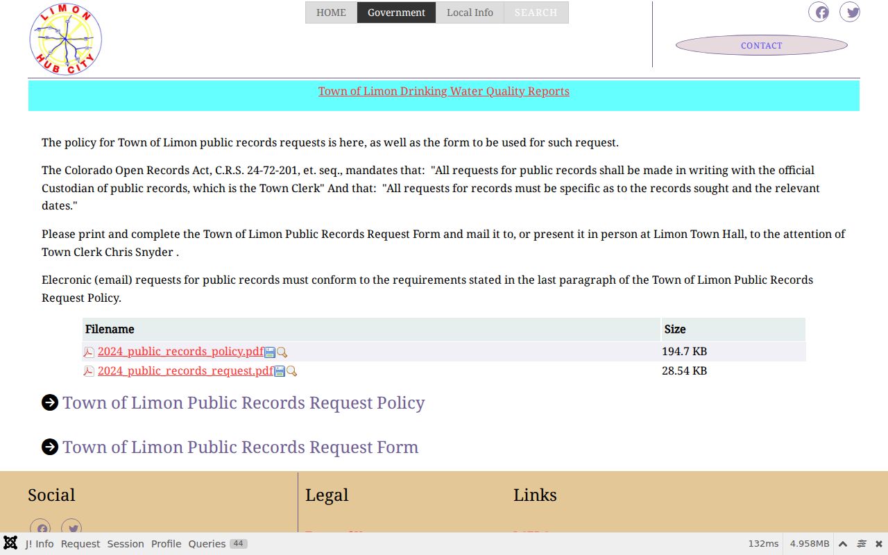 Town of Limon public records directions and request form links
