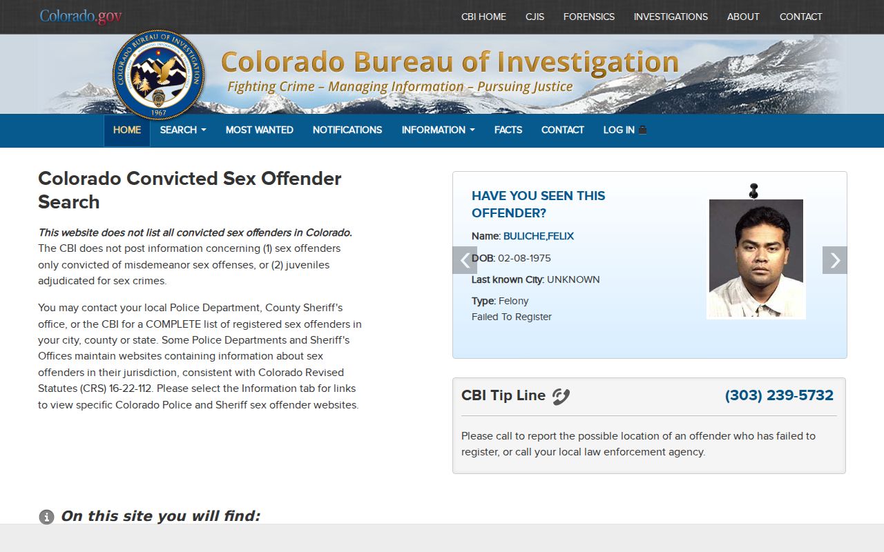 Colorado Sex Offender Registry official entry and user agreement page