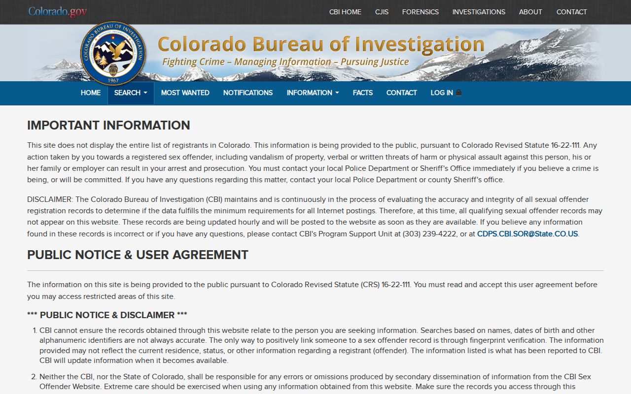 Colorado registry name, county, city, ZIP, and map search controls